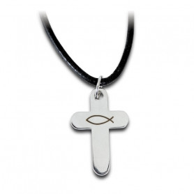 Collier croix en acier inoxydable avec un Ichthus gravé Adolescente Colar