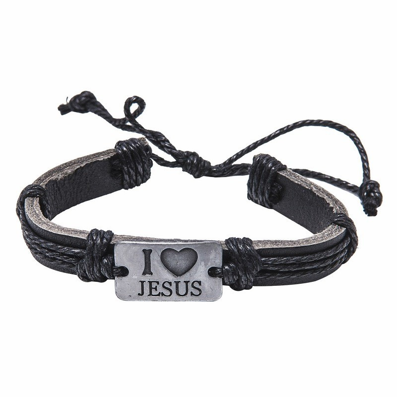 Bracelet en cuir marron avec plaque métal I Love Jesus Presente Bracelet