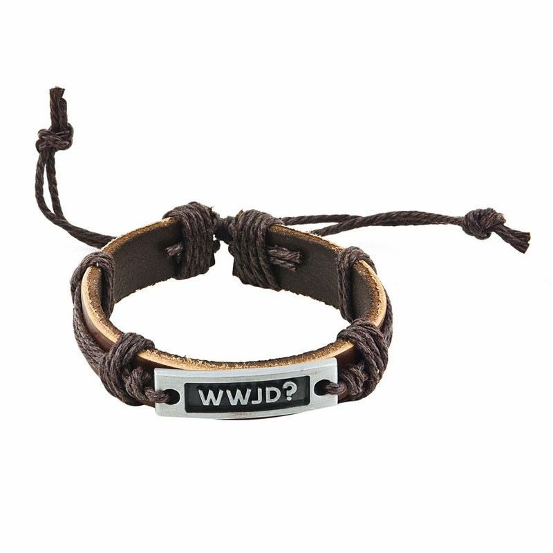 Bracelet en cuir brun avec plaque métal WWJD Presente Bracelet