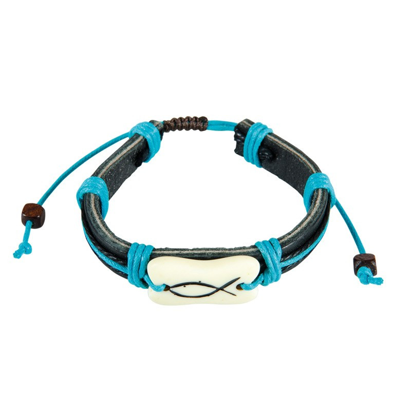 Bracelet en cuir Leo bleu avec Ichthus Presente Bracelet