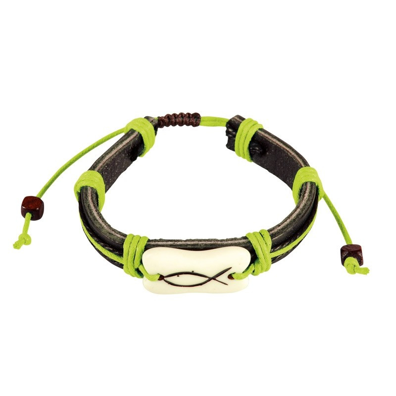 Bracelet en cuir Leo vert avec Ichthus Presente Bracelet