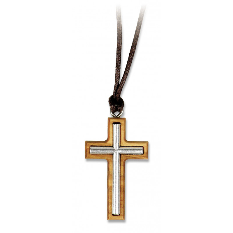 Collier Croix argentée sur bois d’olivier avec cordon Colar Collier